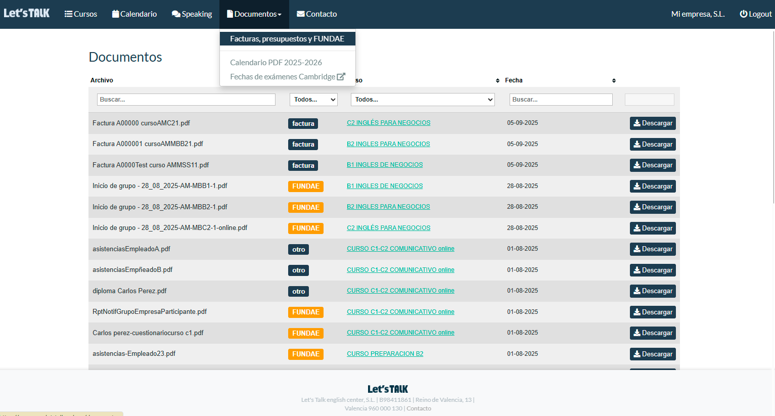 Área de empresas Let's Talk - Gestión de cursos
